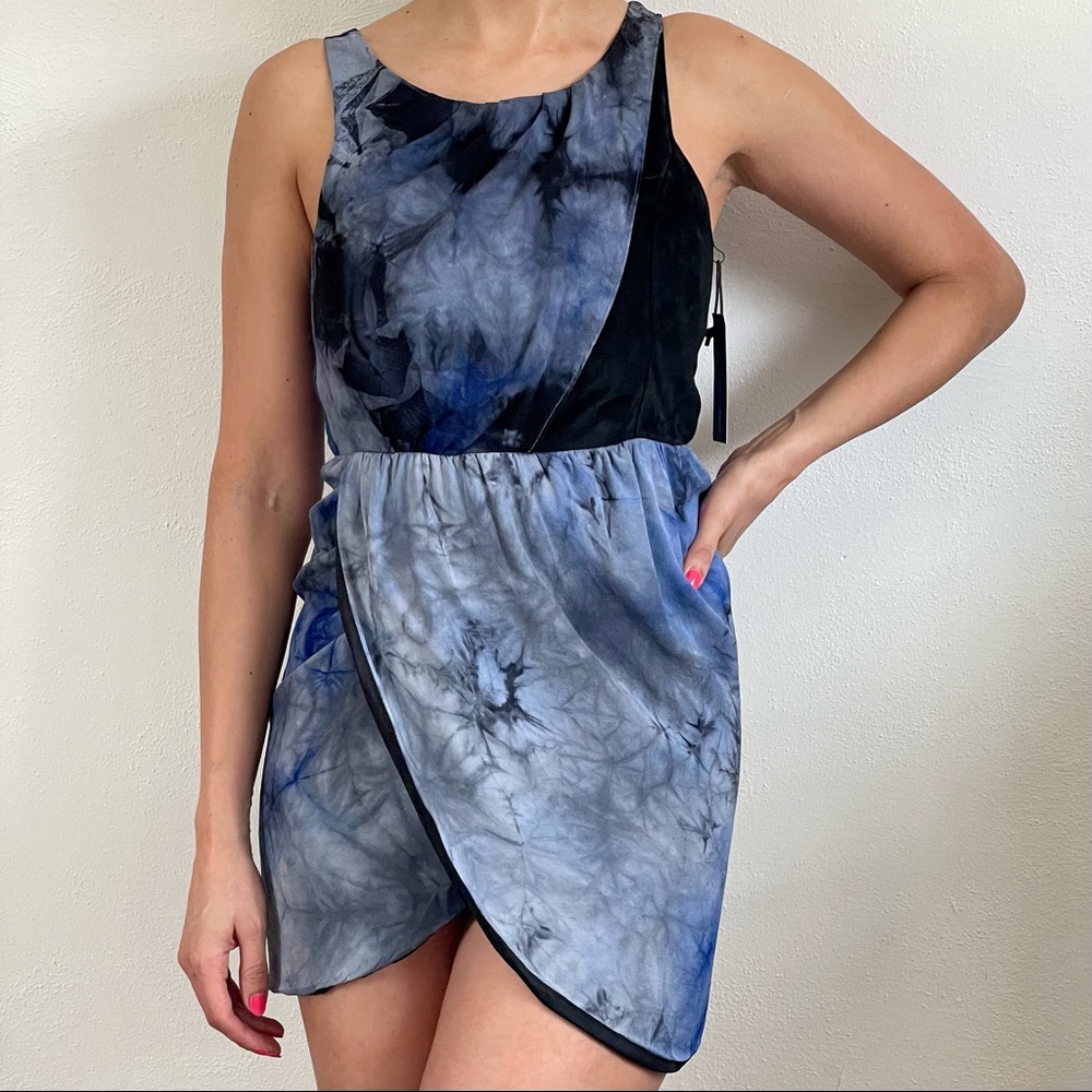 Rebecca Minkoff Black Suede Leather Blue Tie Dye Tulip Silk Mini Dress 2
